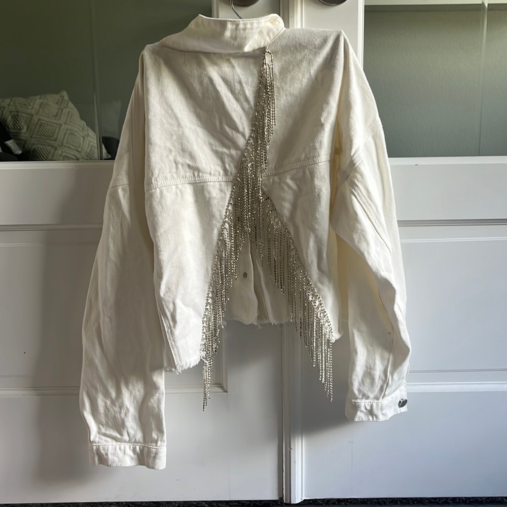 White rhinestone fringe jean jacket savanna Jane